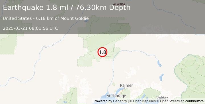 Earthquake 35 km NNW of Petersville, Alaska (1.8 ml) (2025-03-21 08:01:56 UTC)