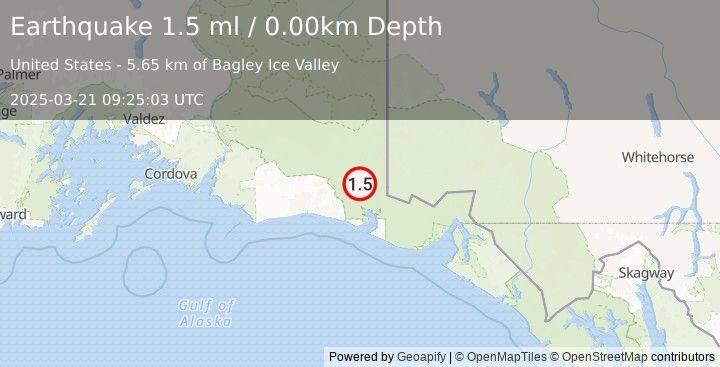 Earthquake 132 km SSE of McCarthy, Alaska (1.5 ml) (2025-03-21 09:25:03 UTC)