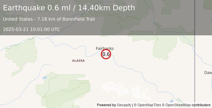 Earthquake 16 km SSW of Badger, Alaska (0.6 ml) (2025-03-21 10:01:00 UTC)