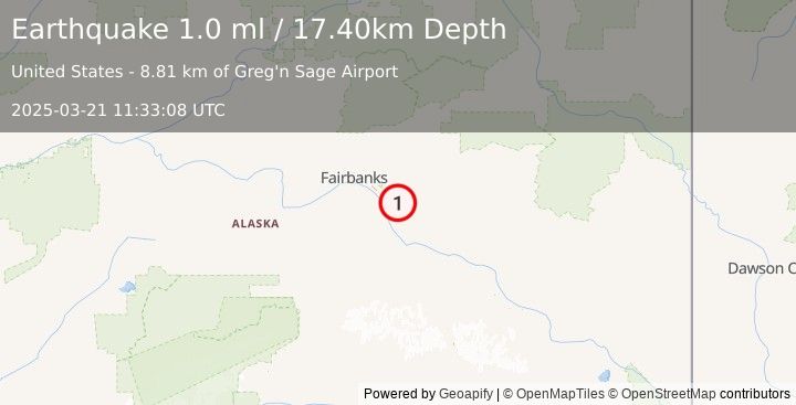 Earthquake 11 km ESE of Eielson Air Force Base, Alaska (1.0 ml) (2025-03-21 11:33:08 UTC)