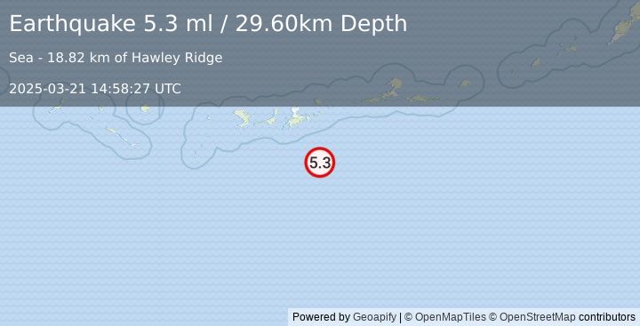 Earthquake 95 km SSE of Adak, Alaska (5.3 ml) (2025-03-21 14:58:27 UTC)