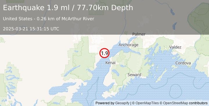 Earthquake 33 km NW of Nikiski, Alaska (1.9 ml) (2025-03-21 15:31:15 UTC)