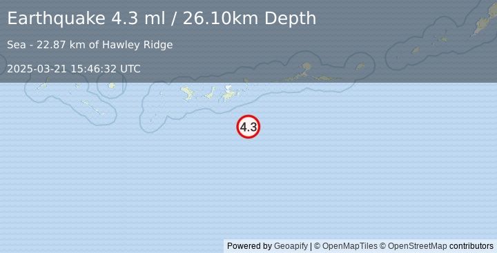 Earthquake 93 km SSE of Adak, Alaska (4.3 ml) (2025-03-21 15:46:32 UTC)