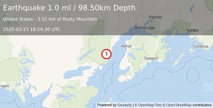 Earthquake 64 km WNW of Ninilchik, Alaska (1.0 ml) (2025-03-21 18:14:30 UTC)