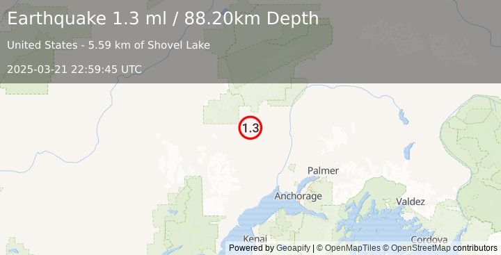 Earthquake 27 km N of Skwentna, Alaska (1.3 ml) (2025-03-21 22:59:45 UTC)