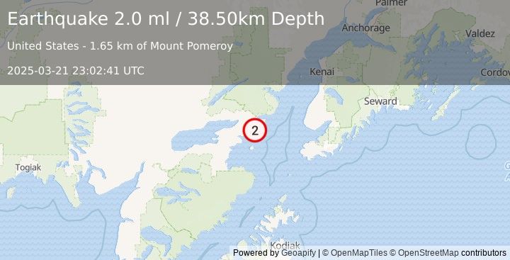 Earthquake 46 km ESE of Pedro Bay, Alaska (2.0 ml) (2025-03-21 23:02:41 UTC)