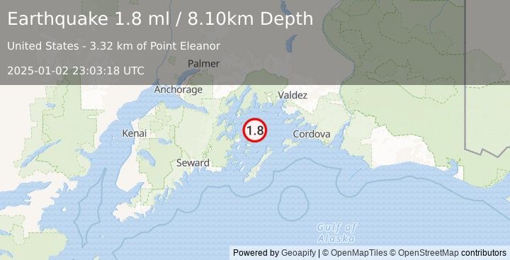 Earthquake 54 km WSW of Tatitlek, Alaska (1.8 ml) (2025-01-02 23:03:18 UTC)