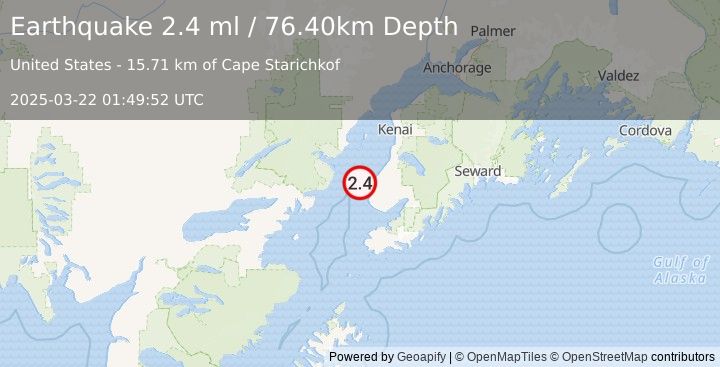 Earthquake 16 km W of Happy Valley, Alaska (2.4 ml) (2025-03-22 01:49:52 UTC)