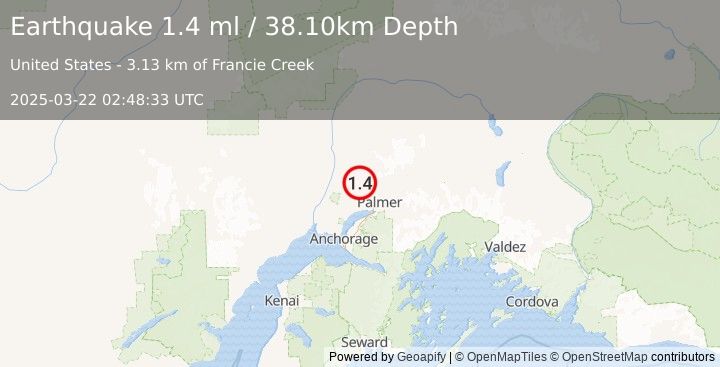 Earthquake 16 km WNW of Fishhook, Alaska (1.4 ml) (2025-03-22 02:48:33 UTC)