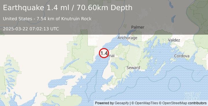 Earthquake 19 km W of Salamatof, Alaska (1.4 ml) (2025-03-22 07:02:13 UTC)