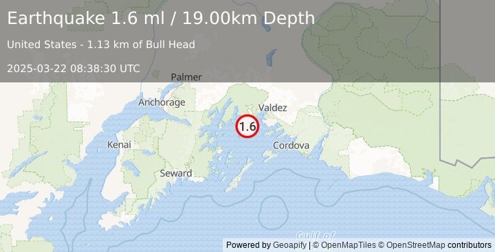 Earthquake 25 km W of Tatitlek, Alaska (1.6 ml) (2025-03-22 08:38:30 UTC)