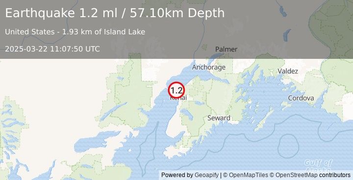 Earthquake 3 km NW of Nikiski, Alaska (1.2 ml) (2025-03-22 11:07:50 UTC)