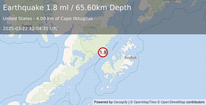 Earthquake 47 km N of Karluk, Alaska (1.8 ml) (2025-03-22 12:04:35 UTC)