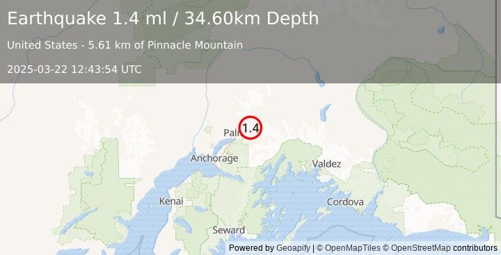 Earthquake 11 km S of Sutton-Alpine, Alaska (1.4 ml) (2025-03-22 12:43:54 UTC)