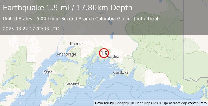 Earthquake 39 km WNW of Valdez, Alaska (1.9 ml) (2025-03-22 17:02:03 UTC)