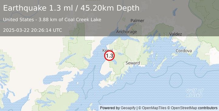 Earthquake 8 km ENE of Kasilof, Alaska (1.3 ml) (2025-03-22 20:26:14 UTC)