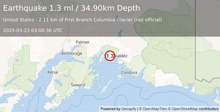 Earthquake 37 km NW of Tatitlek, Alaska (1.3 ml) (2025-03-23 03:00:36 UTC)