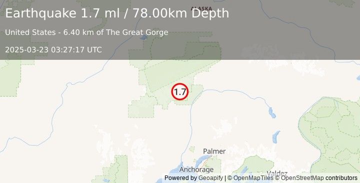 Earthquake 37 km NNE of Petersville, Alaska (1.7 ml) (2025-03-23 03:27:17 UTC)