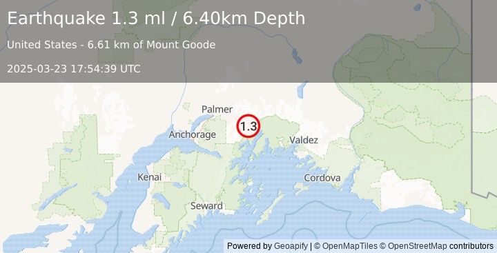 Earthquake 45 km ESE of Knik River, Alaska (1.3 ml) (2025-03-23 17:54:39 UTC)