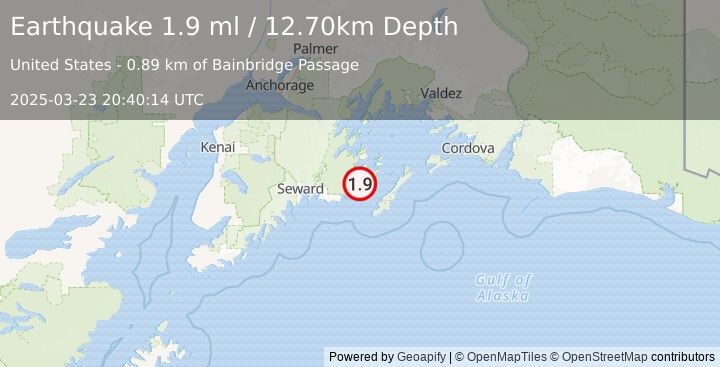 Earthquake 11 km NW of Chenega, Alaska (1.9 ml) (2025-03-23 20:40:14 UTC)