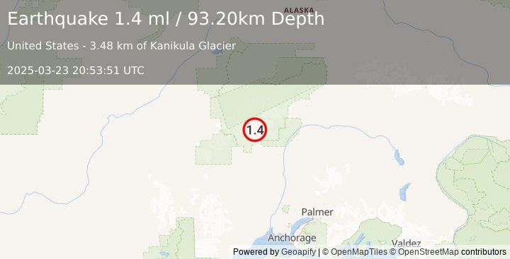 Earthquake 36 km NNW of Petersville, Alaska (1.4 ml) (2025-03-23 20:53:51 UTC)