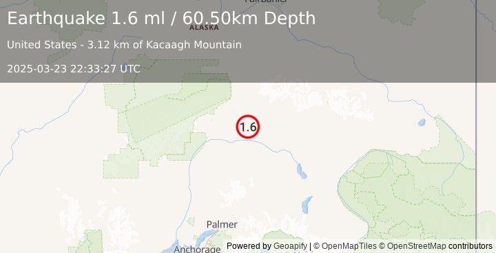 Earthquake 51 km SE of Cantwell, Alaska (1.6 ml) (2025-03-23 22:33:27 UTC)