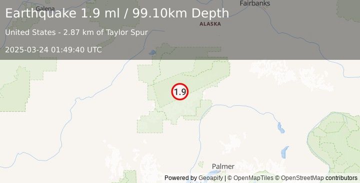 Earthquake 58 km SE of Denali National Park, Alaska (1.9 ml) (2025-03-24 01:49:40 UTC)