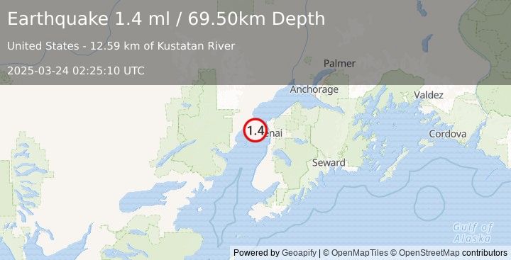 Earthquake 21 km W of Salamatof, Alaska (1.4 ml) (2025-03-24 02:25:10 UTC)