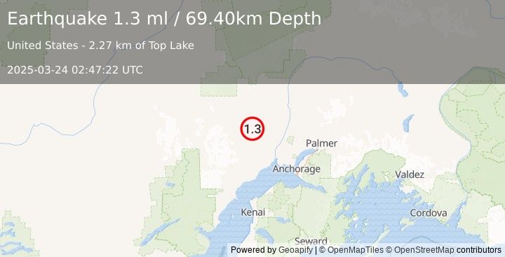 Earthquake 20 km SSE of Skwentna, Alaska (1.3 ml) (2025-03-24 02:47:22 UTC)