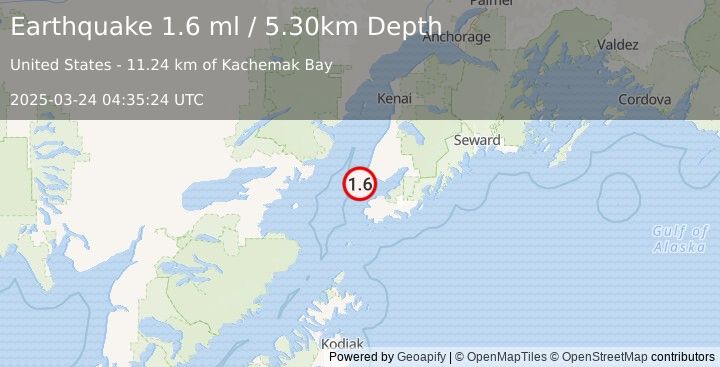 Earthquake 20 km SSW of Anchor Point, Alaska (1.6 ml) (2025-03-24 04:35:24 UTC)