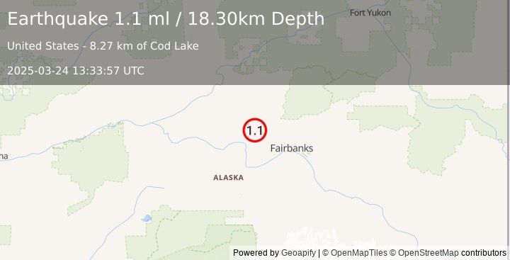 Earthquake 24 km ESE of Minto, Alaska (1.1 ml) (2025-03-24 13:33:57 UTC)