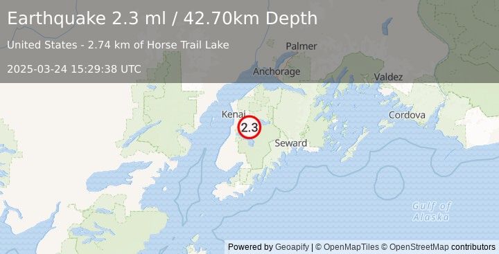 Earthquake 16 km S of Funny River, Alaska (2.3 ml) (2025-03-24 15:29:38 UTC)