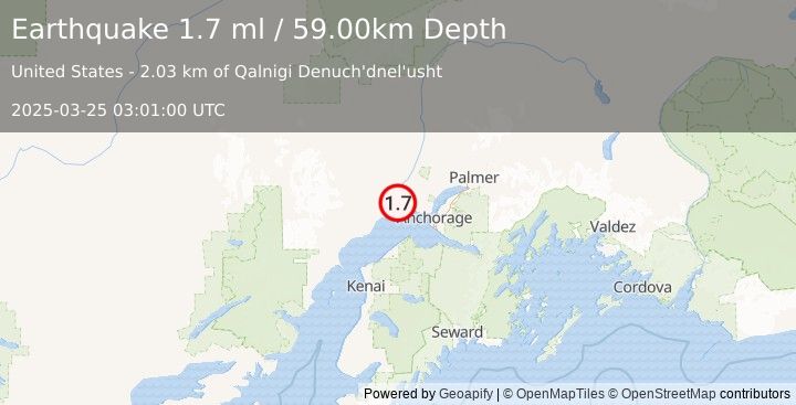 Earthquake 21 km SSW of Susitna, Alaska (1.7 ml) (2025-03-25 03:01:00 UTC)