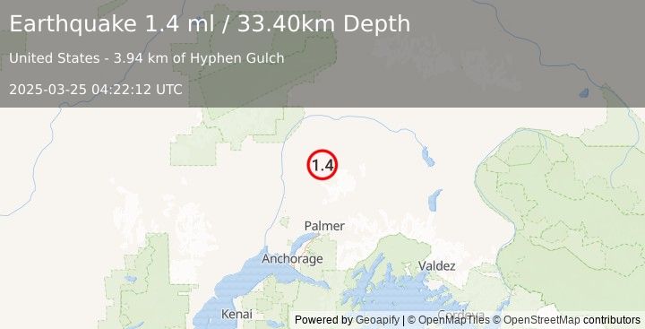 Earthquake 39 km ENE of Susitna North, Alaska (1.4 ml) (2025-03-25 04:22:12 UTC)