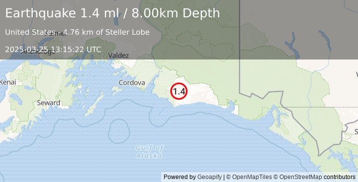 Earthquake 116 km E of Cordova, Alaska (1.4 ml) (2025-03-25 13:15:22 UTC)