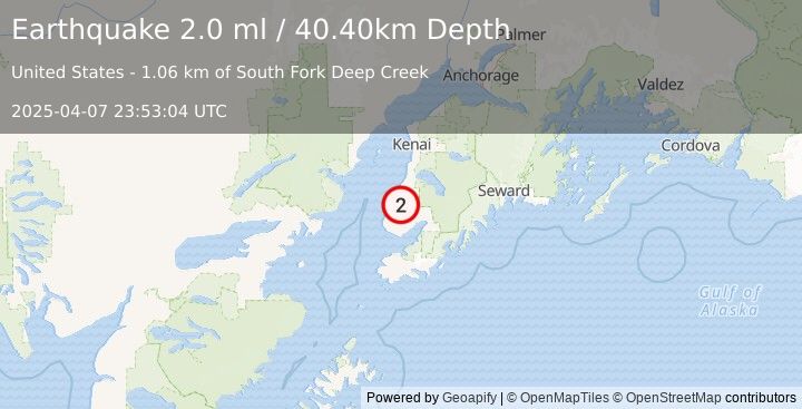 Earthquake 14 km E of Happy Valley, Alaska (2.0 ml) (2025-04-07 23:53:04 UTC)