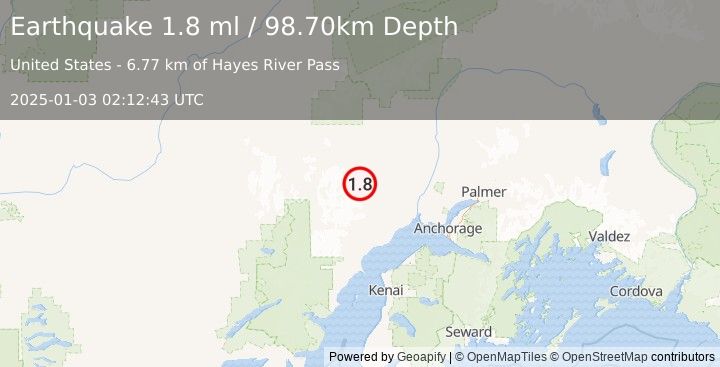 Earthquake 41 km SSW of Skwentna, Alaska (1.8 ml) (2025-01-03 02:12:43 UTC)