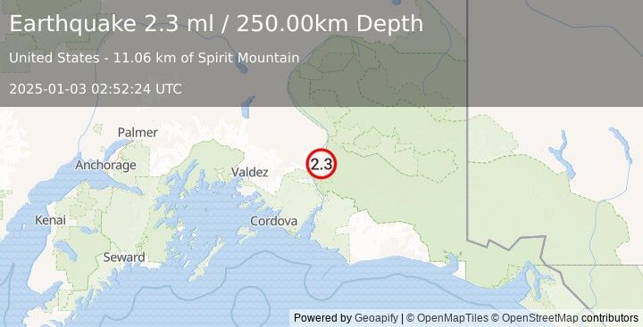 Earthquake 32 km SSW of Chitina, Alaska (2.3 ml) (2025-01-03 02:52:24 UTC)