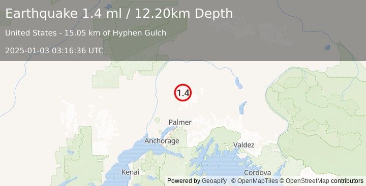 Earthquake 45 km E of Susitna North, Alaska (1.4 ml) (2025-01-03 03:16:36 UTC)