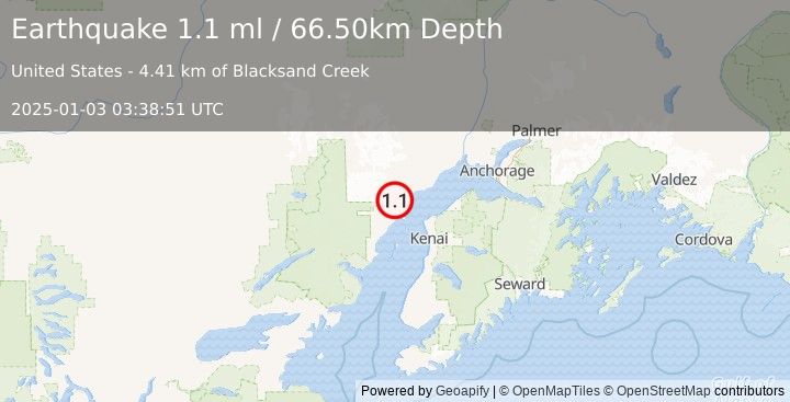 Earthquake 43 km NW of Nikiski, Alaska (1.1 ml) (2025-01-03 03:38:51 UTC)