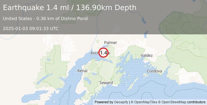 Earthquake 2 km SSW of Elmendorf Air Force Base, Alaska (1.4 ml) (2025-01-03 09:01:33 UTC)