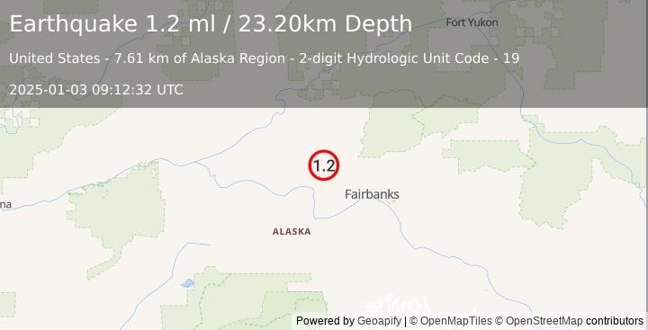 Earthquake 21 km E of Minto, Alaska (1.2 ml) (2025-01-03 09:12:32 UTC)