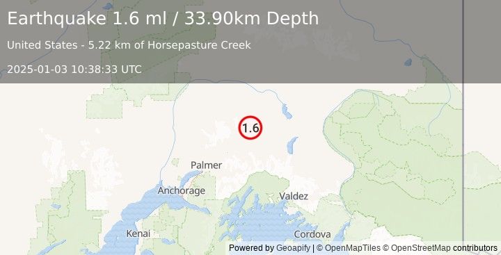 Earthquake 37 km NW of Eureka Roadhouse, Alaska (1.6 ml) (2025-01-03 10:38:33 UTC)