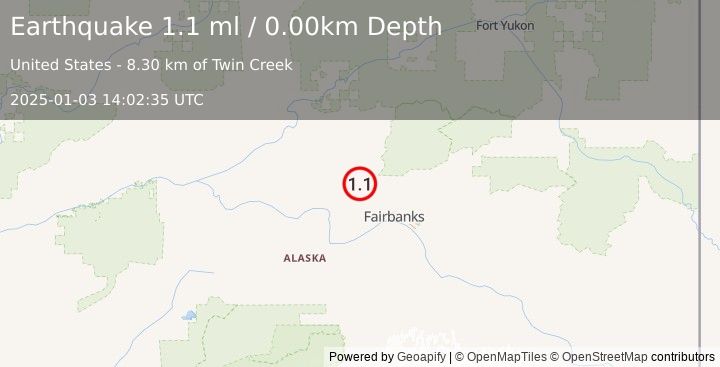 Earthquake 39 km NNW of Ester, Alaska (1.1 ml) (2025-01-03 14:02:35 UTC)