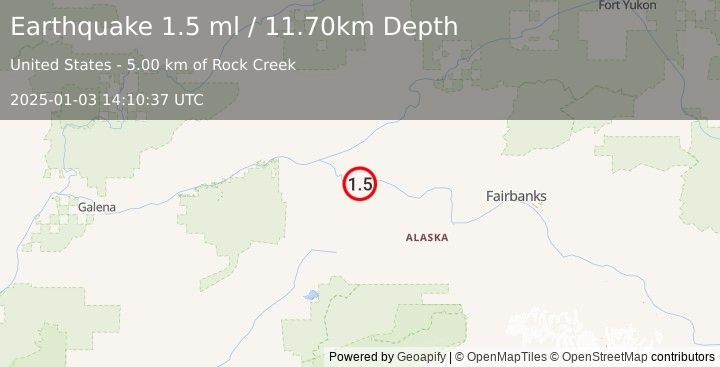 Earthquake 24 km WSW of Manley Hot Springs, Alaska (1.5 ml) (2025-01-03 14:10:37 UTC)