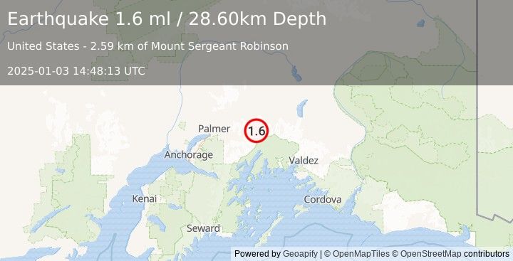 Earthquake 27 km SSW of Glacier View, Alaska (1.6 ml) (2025-01-03 14:48:13 UTC)