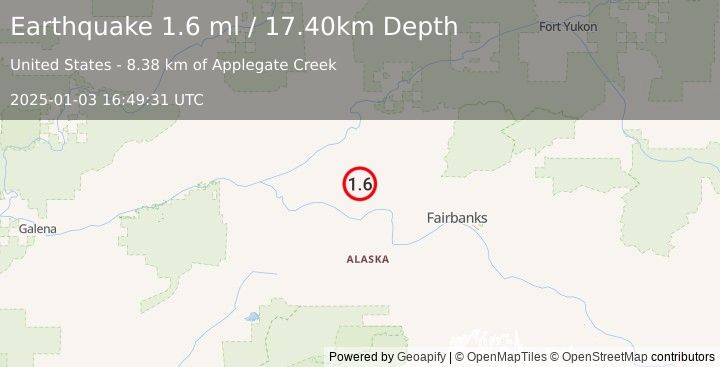 Earthquake 23 km W of Minto, Alaska (1.6 ml) (2025-01-03 16:49:31 UTC)