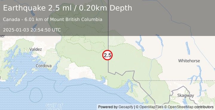 Earthquake 115 km ESE of McCarthy, Alaska (2.5 ml) (2025-01-03 20:54:50 UTC)