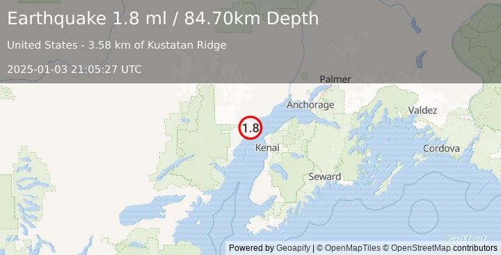 Earthquake 33 km NW of Nikiski, Alaska (1.8 ml) (2025-01-03 21:05:27 UTC)