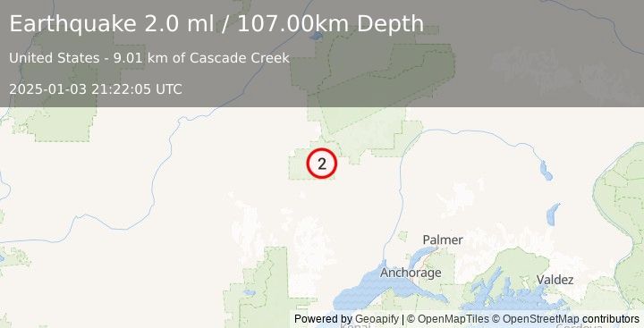 Earthquake 64 km NNW of Skwentna, Alaska (2.0 ml) (2025-01-03 21:22:05 UTC)